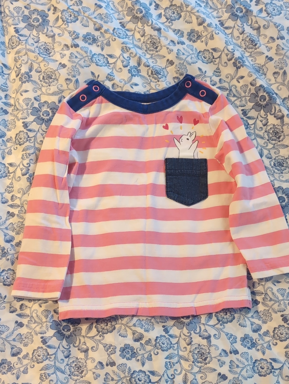 Hanna Andersson Pink & White Striped Long Sleeve Tee with Navy Pocket